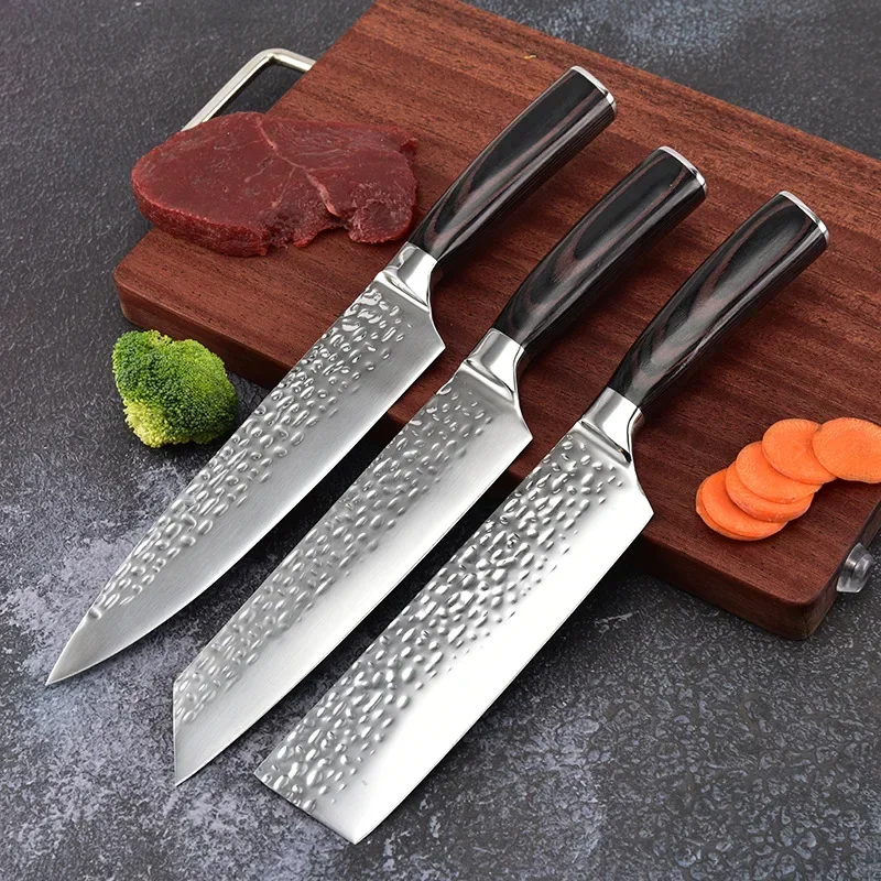 

3Pcs Set Kitchen Knives Sharp Japanese Santoku Knife Cleaver Slicing Utility Knife Meat Slaughtering Butcher Knife Cooking Tools