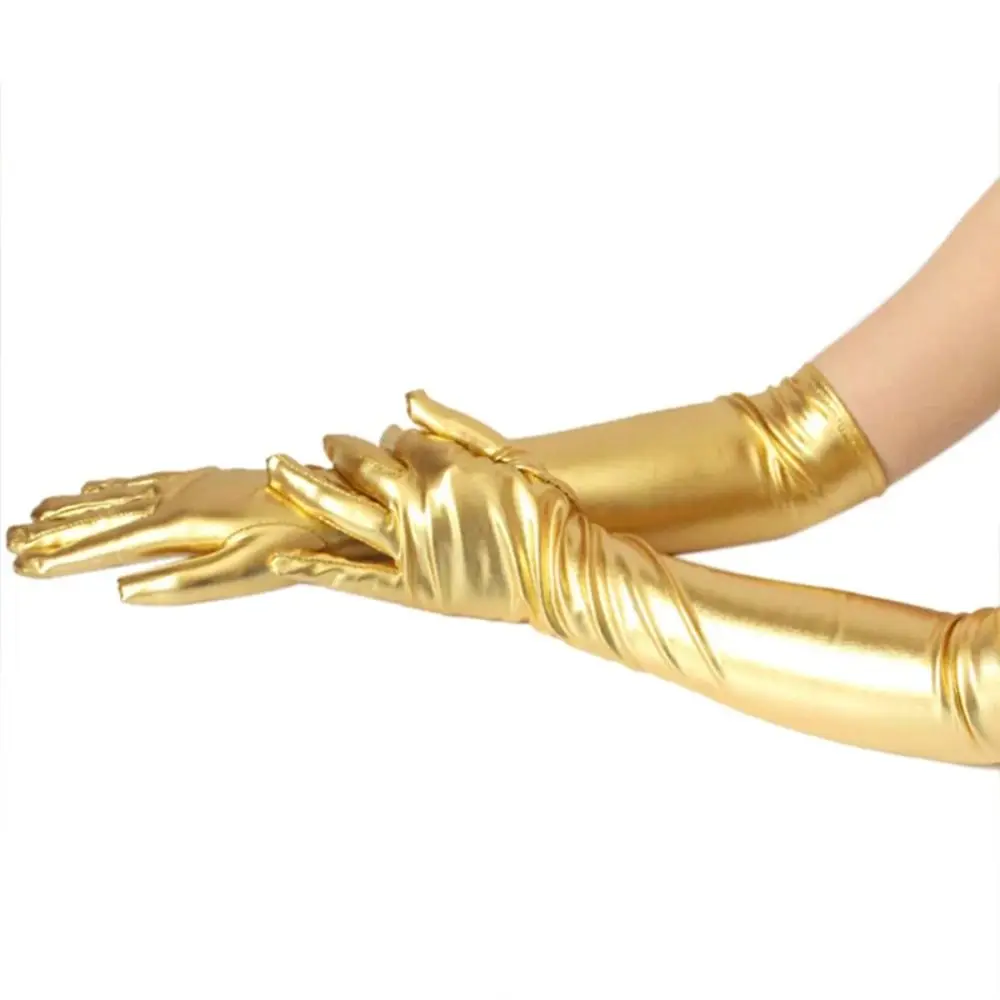 Gold Silver Wet Look Fake Leather Metallic Gloves Evening Party Performance Mittens Women Sexy Elbow Length Long Gloves