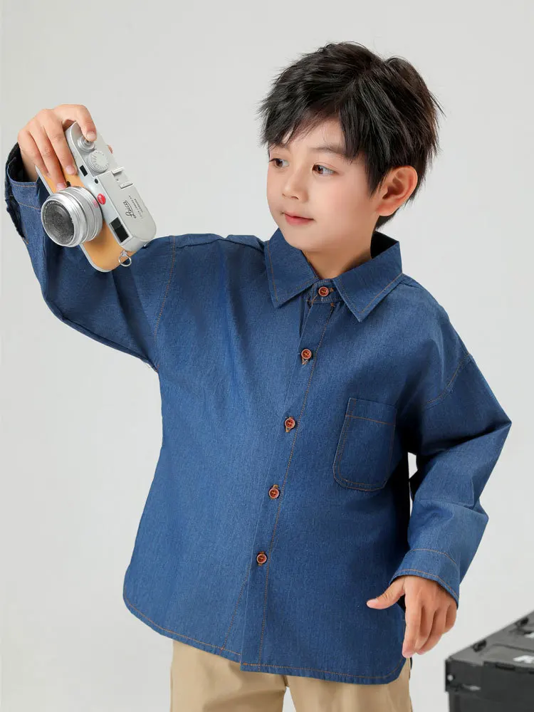 Boys Girls Denim Shirt 2026 New Solid Children's Casual Long Sleeve Cowboy Tops For Teenager Kids 1-12 Years Wear