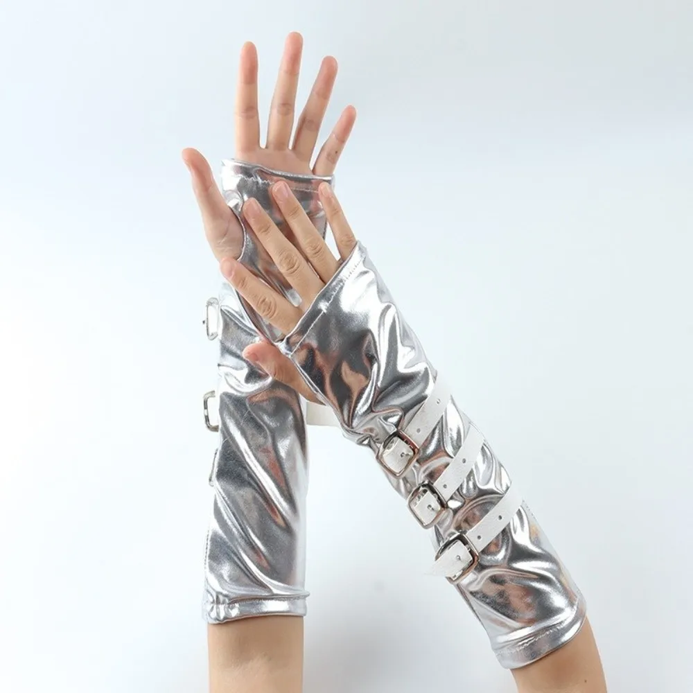 Solid Color Punk Arm Sleeves Lacquer Leather Metal Buckle Dark Gothic Arm Covers Wristband Fingerless Half-arm Sleeve Gloves