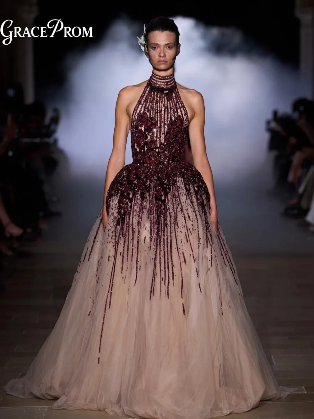 Luxurious Halter Burgundy Gradient Beaded Evening Gown Voluminous Tulle Wedding Guest Dress Formal Prom Party Dress فساتين سهرة