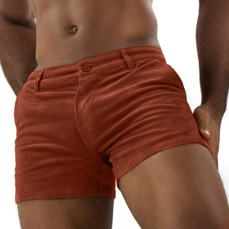 Men's Summer Corduroy Sports short pants outdoors Beach Men Solid Color texture Button Waist Belt comfort slim running shorts