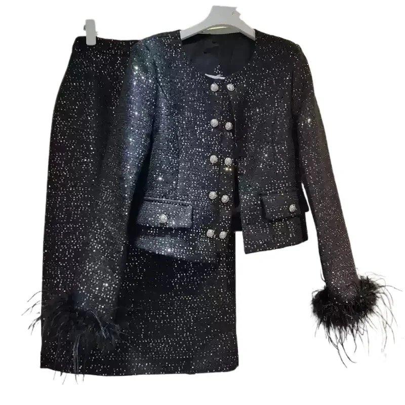 Cuffs Ostrich Hair Sequined Jacket High Waist Skirt Sets Autumn New Long Sleeve Short Coat Two Piece Sets Womens Outifits