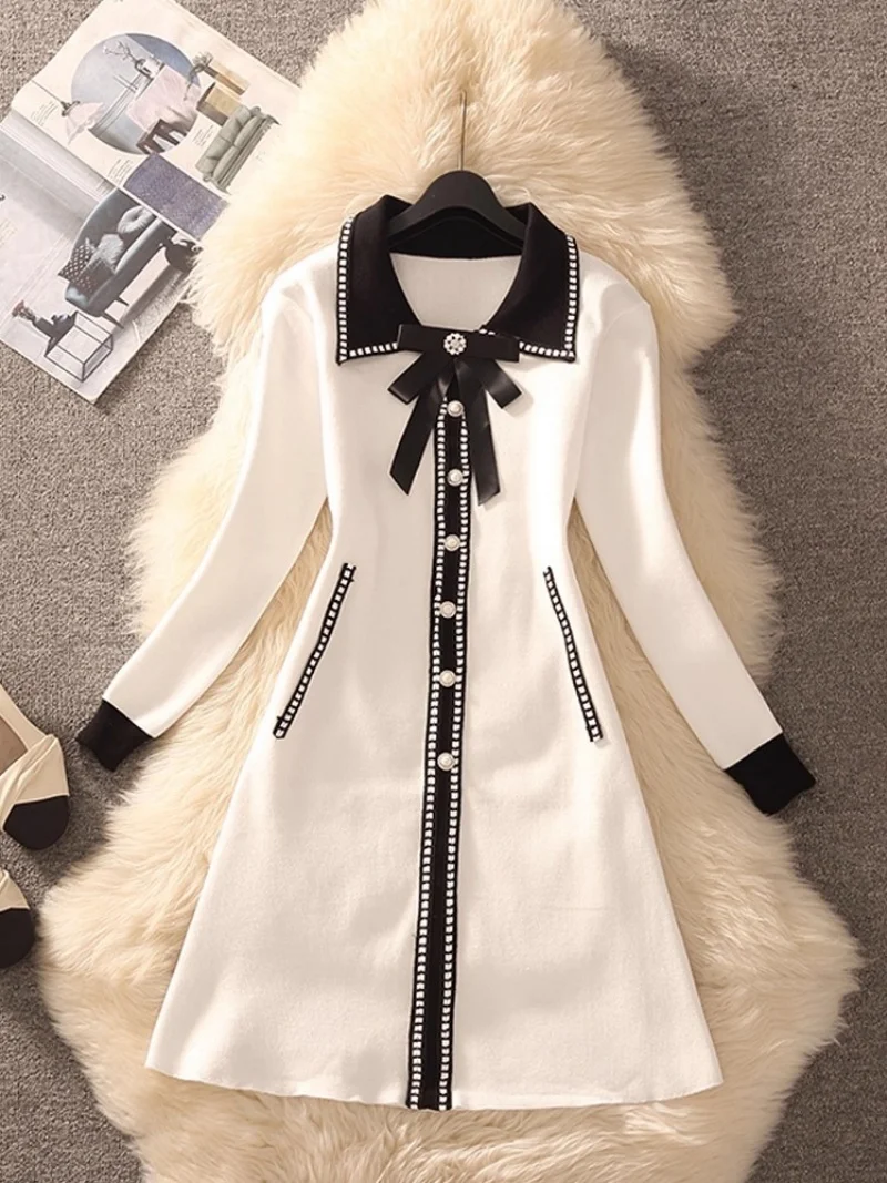 

Белое вязаное весенне-осеннее платье с длинными рукавами для женщин, модное элегантное новое базовое платье миди W1795