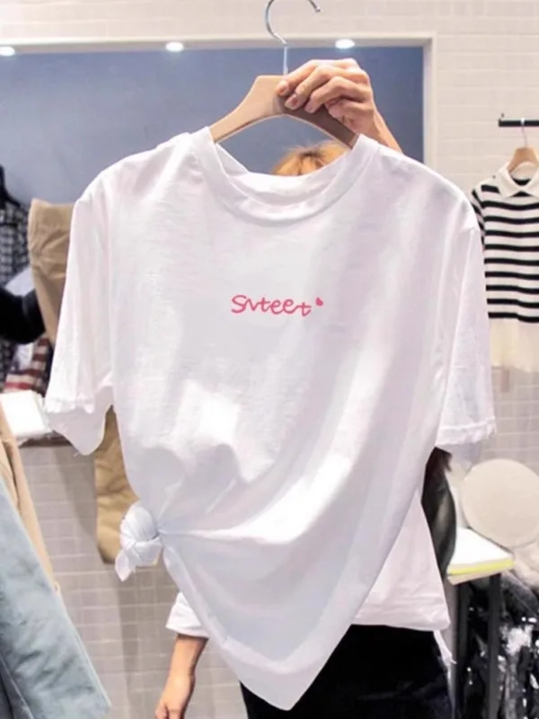 

White Cotton T-irt Women's ort Sve Loose Fit Korean Sle Simple Letter Print Versatile Summer Top for Young Women