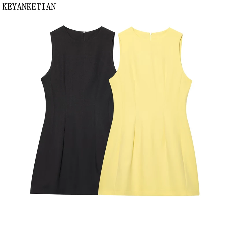 KEYANKETIAN 2025 Estate delle nuove donne O-Collo senza maniche Mini abito stile semplice Moda cerniera posteriore Slim Cami Dress Tinta unita
