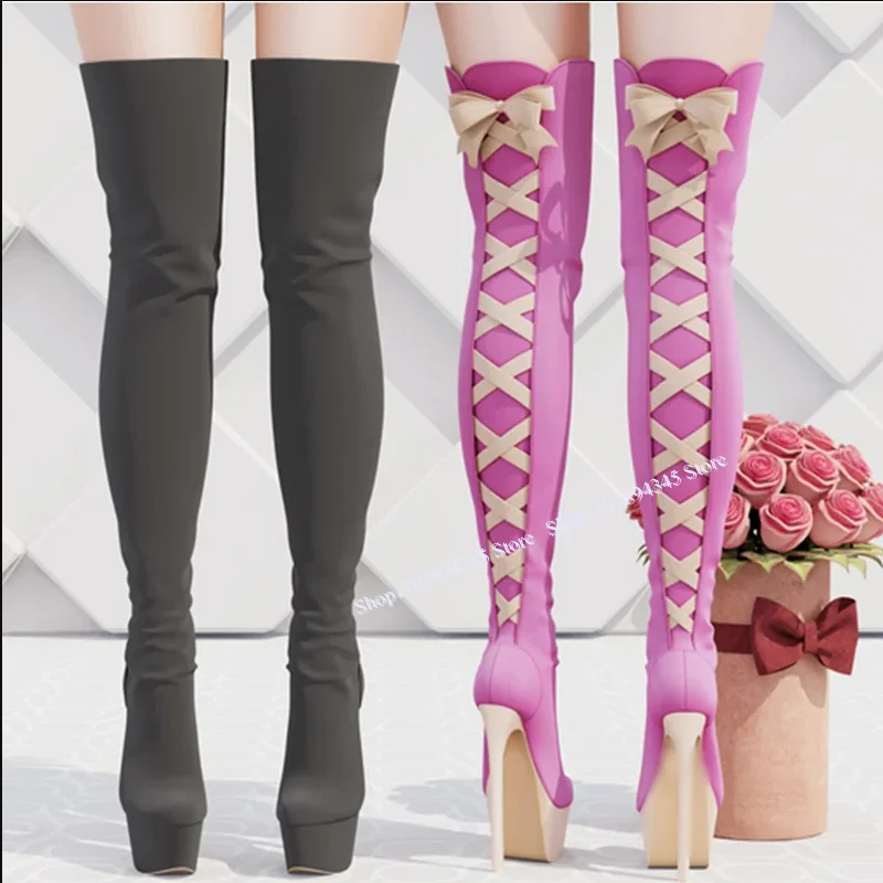 

Black Lace Up Platform Over Knee High Boots Thin High Heel Cool Fashionable Sexy Winter 2024 Woman Shoes Zapatillas Mujer