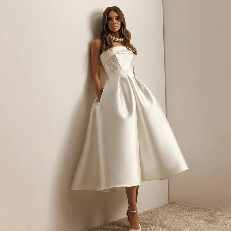 

Sexy Elegant A-line Satin Wedding Dresses Mid-calf Sleeveless Bridal Gown Backless Formal Bridal Gowns vestidos de novia