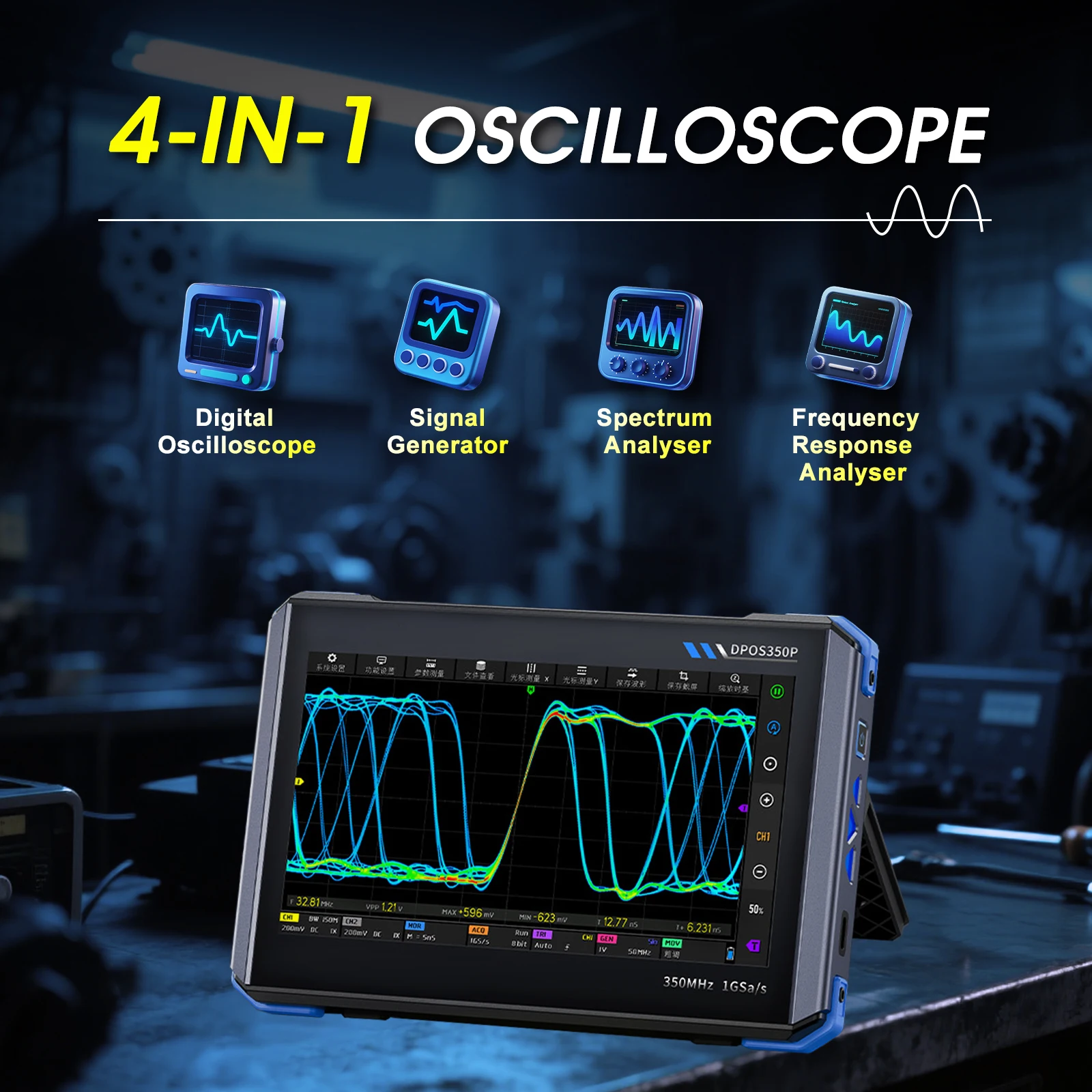 7inch Digital Oscilloscope 350MHz 2CH, Signal Generator, Spectrum, Portable Tablet Scope With IPS Touchscreen, Electronic Repair