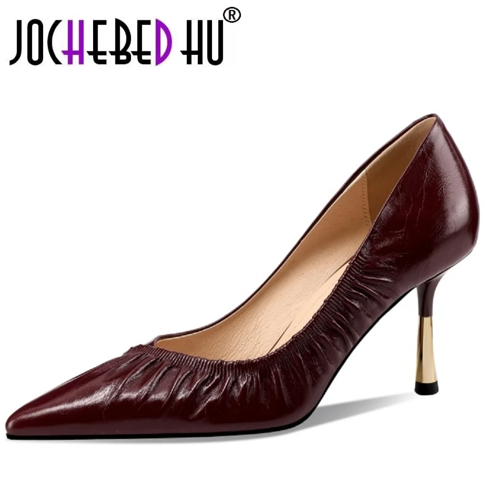 

【JOCHEBED HU】Женские туфли ручной работы из натуральной кожи, мягкие и удобные офисные женские вечерние туфли на тонком каблуке с острым носком, элегантные размеры 33–43