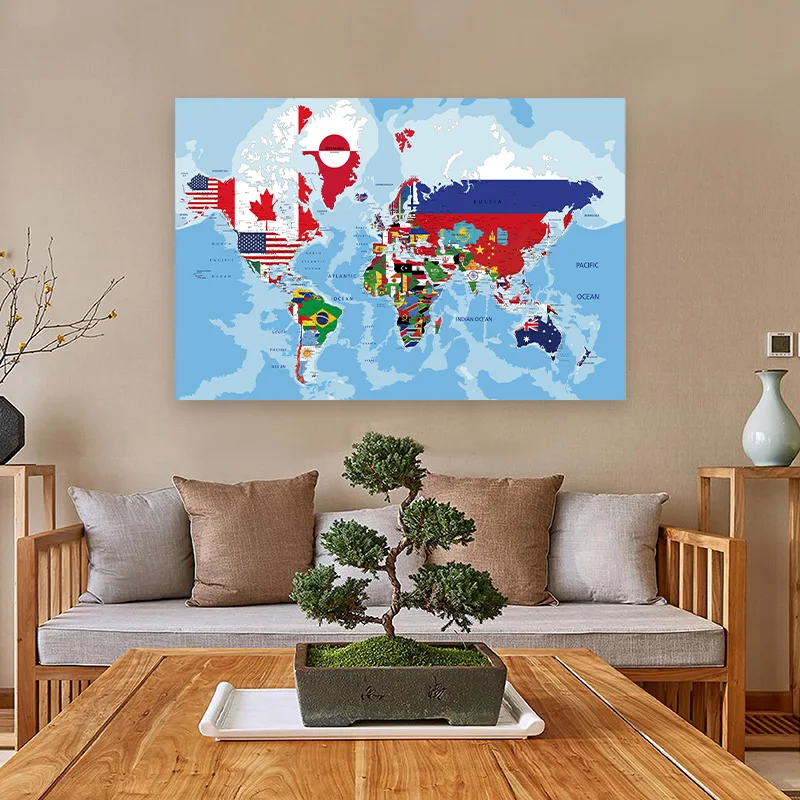 Mapa del mundo de 30x20cm en inglés, pintura en lienzo, decoración de pared, póster artístico, suministros escolares, aula, sala de estar, decoración del hogar