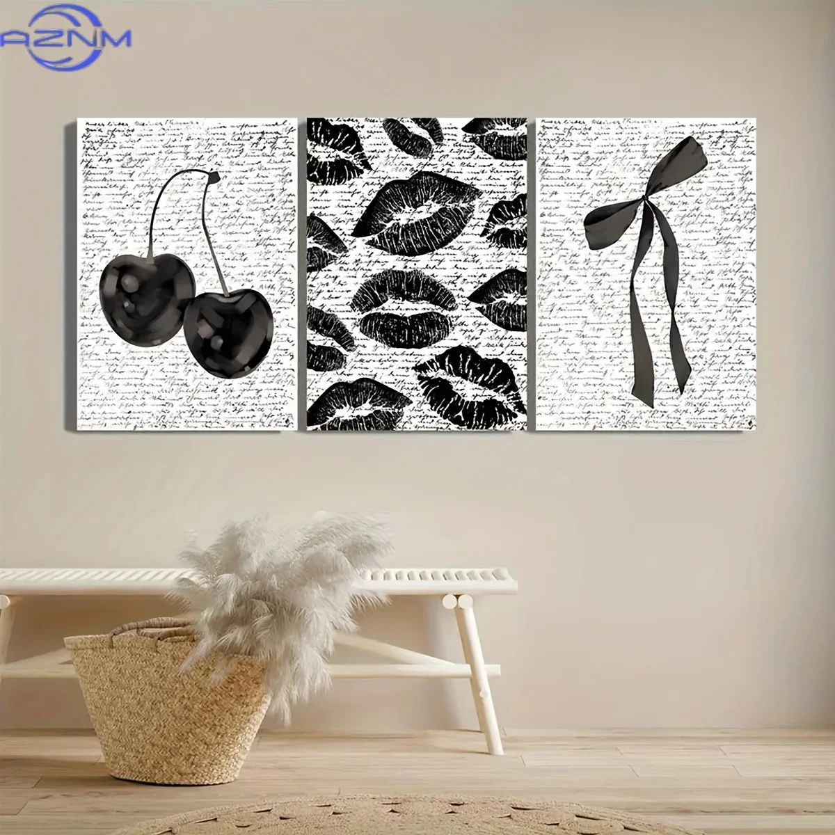 3pcs Canvas Printed Decorative Paintings, Black And White Decor, Dark Elegant Style, Sexy Lips, Retro Cherry Blossoms, Darkroo