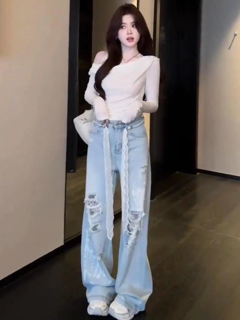 

Корейские прямые кружевные джинсы с высокой талией, женские весенне-летние свободные широкие брюки с морским дизайном