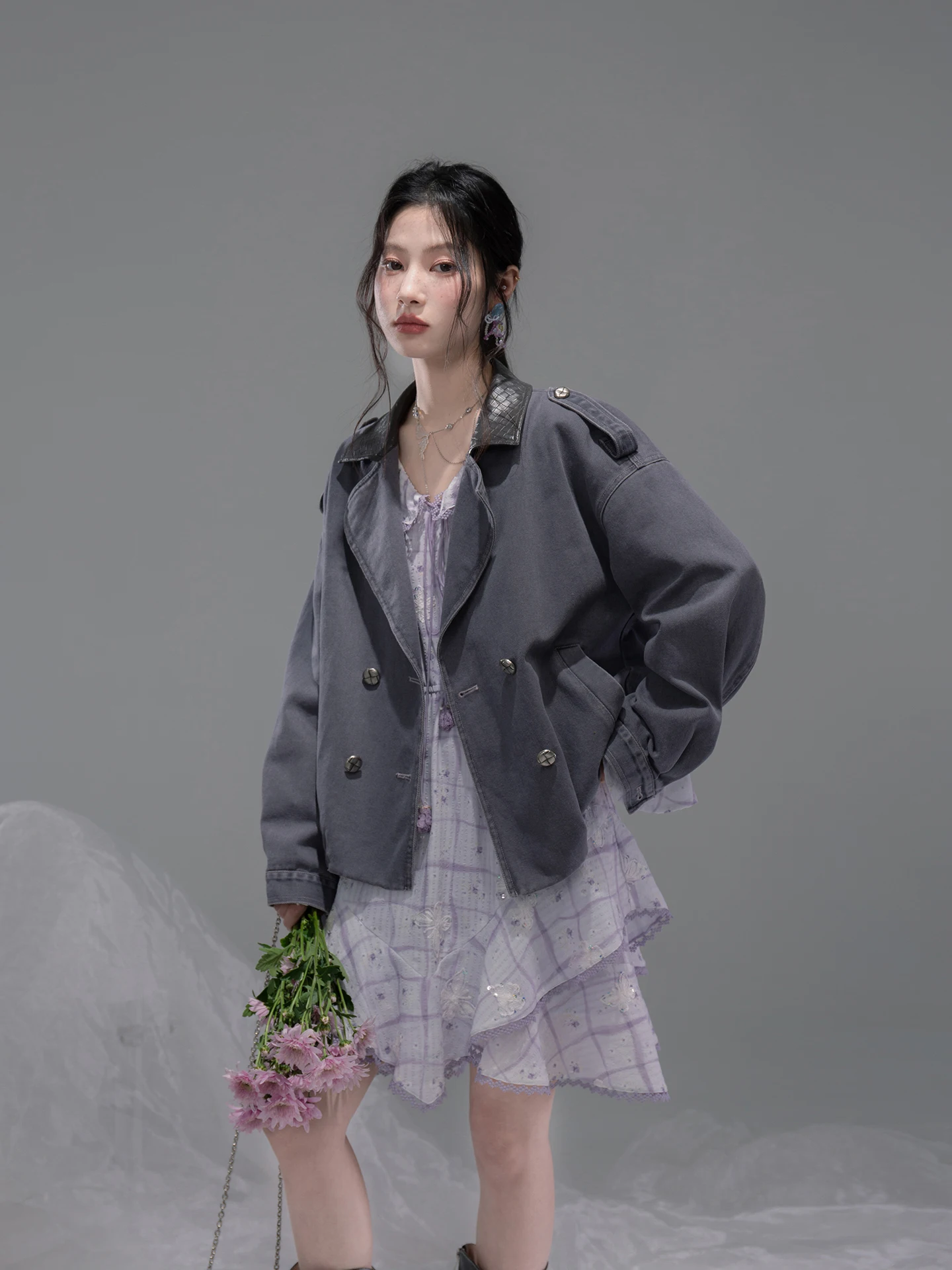 

COTRE Женская укороченная куртка из хлопка с оригинальным дизайном, винтажная, с эффектом чернильного окрашивания, пэчворк из кожи и плотного денима, коллекция Early Spring