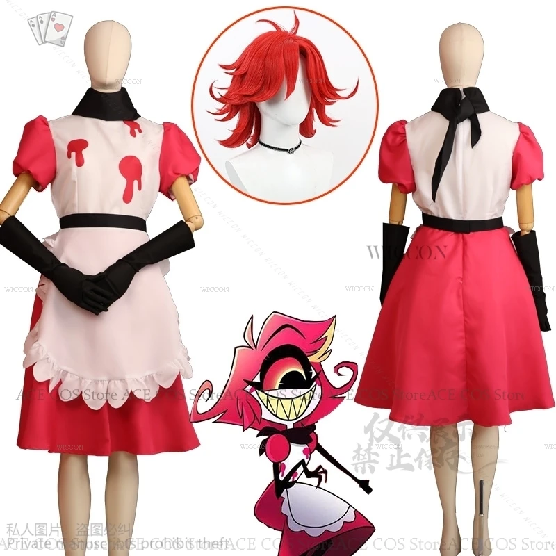 

Niffty Anime Hazbin Niff Cosplay Costume Cute Devil Roleplay Clothes Uniform Hotel Cosplay Halloween Party Women Dress Red Wigs