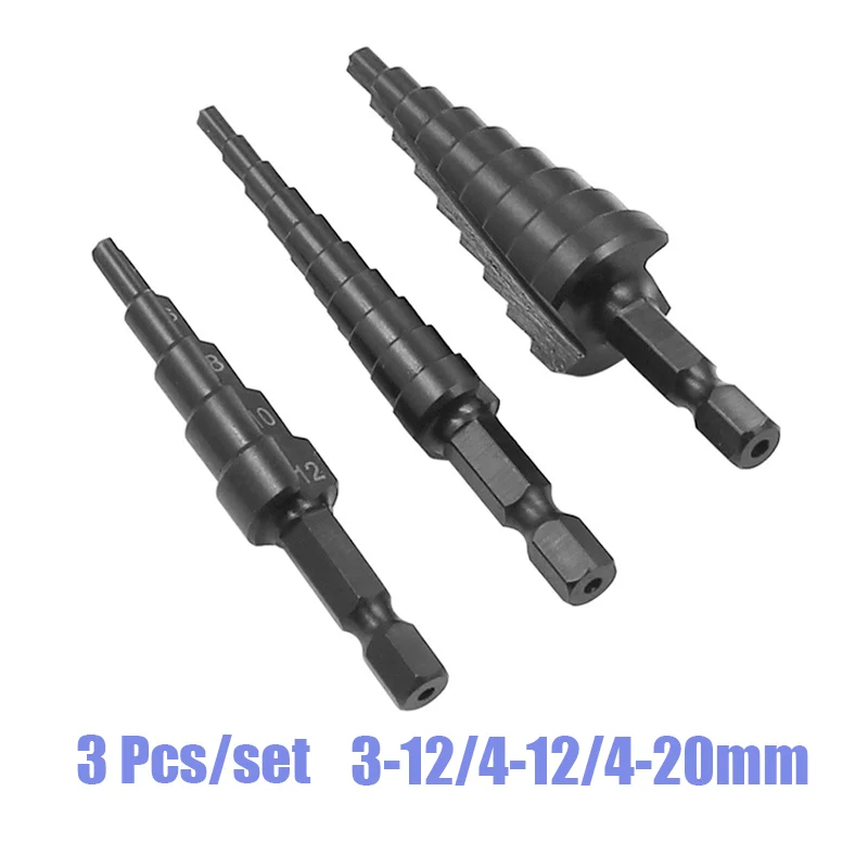 3Pcs HSS Straight Groove Step Drill Bit Set Nitride Coated Wood Metal Hole Cutter Drill 3-12mm 4-12mm 4-20mm Drilling Tools