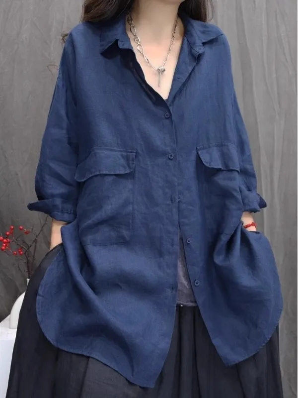 

Retro Distred Pure Color Linen Casual Large Size Women's irt Loose with Big kets Spring 2026 Artistic Commute Sle