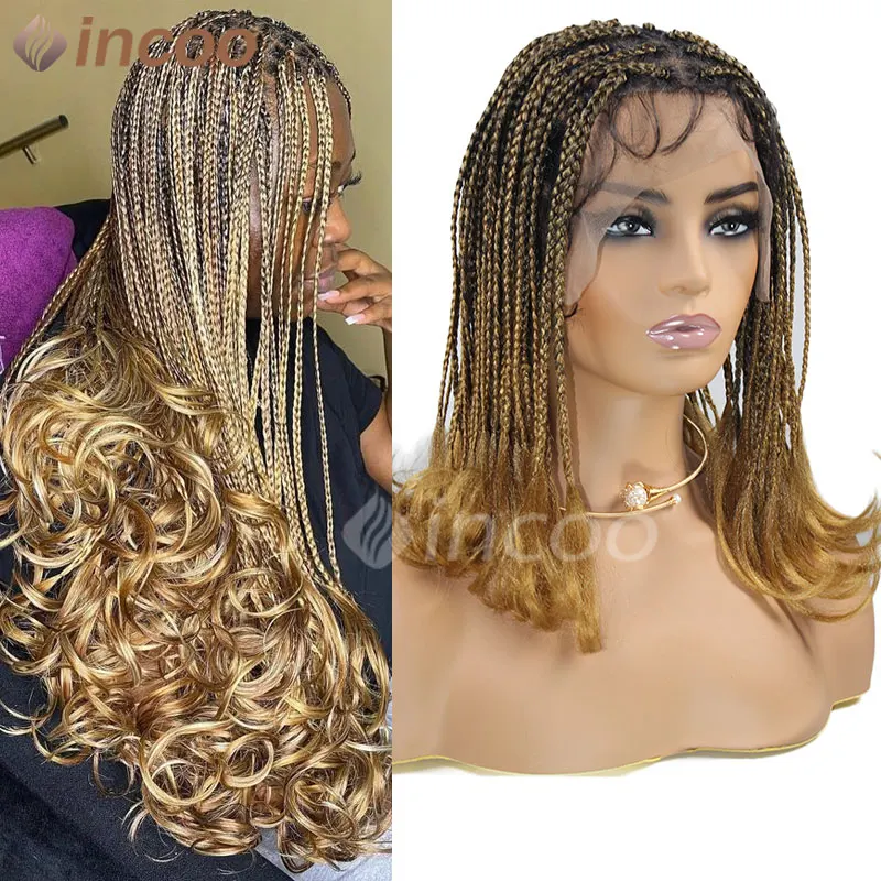 French Curl Braided Wig Box Braided Wigs For Black Women Crochet Hair Cornrow Ombre Blonde African Synthetic Short Braiding Wig