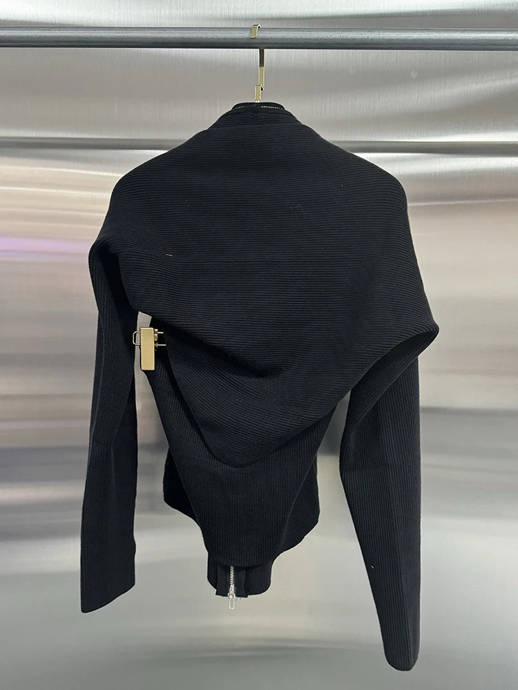 VGH Streetwear Two Piece Sets For Women Long Sleeve Short Coat V Neck Sleeveless Spliced Zipper Top Slimming Knitting Set Female