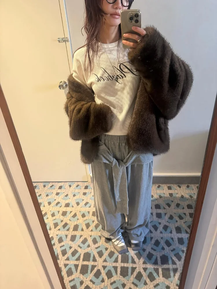 الكلاسيكية الصلبة سستة فو الفراء معطف المرأة أزياء جولة الرقبة كم كامل فضفاضة سترة قصيرة سيدة الشتاء تخفيف الشارع ملابس خارجية #4