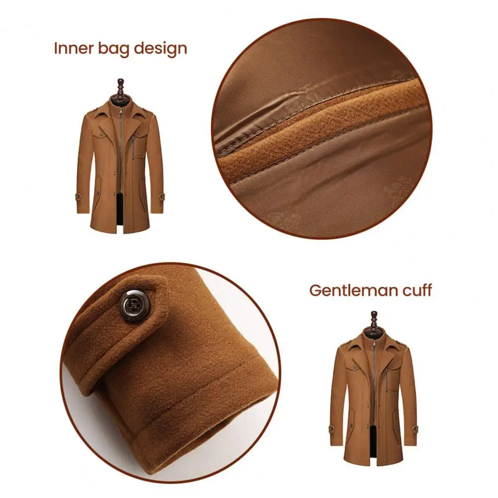 

Mid-length Business Coat Men's Woolen Business Coat with Stand Collar Zipper Button Closure Long Sleeve Solid Color for Work