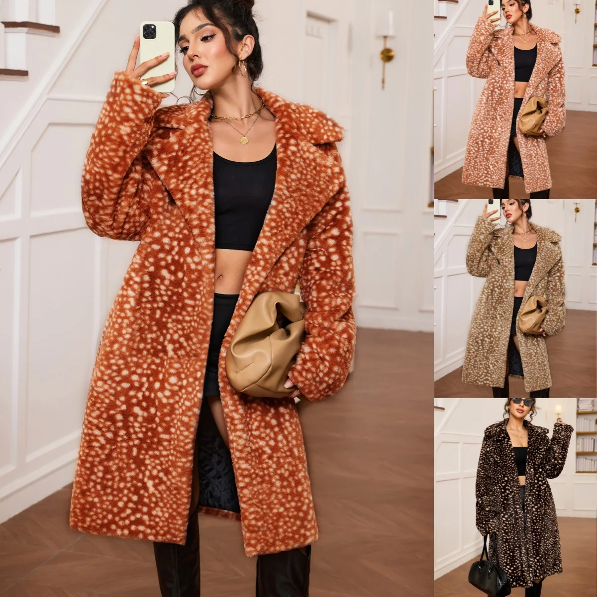 Women Trench Coat Faux Fur Long Coat Deer Spotted Turn Down Collar Loose Work Fluffy Autumn Winter Thick Warm Open Front 2026