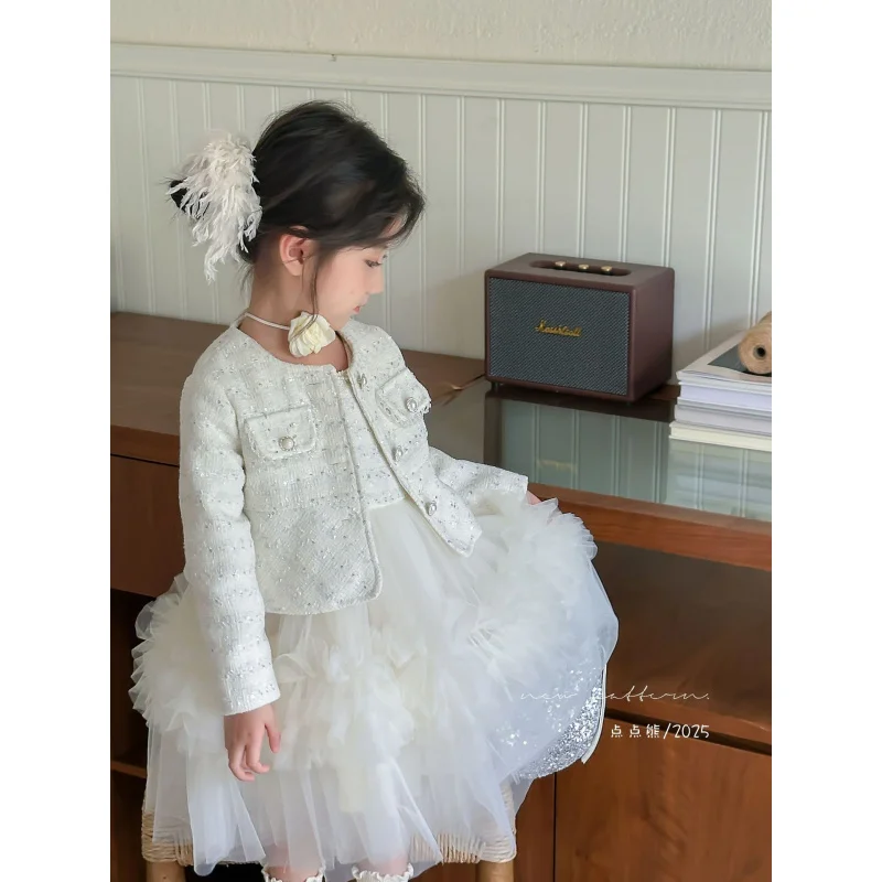 

Girls Suit2025Autumn New Fashionable Dress Coarse Woolen Coat Puffy Yarn Vest Dress