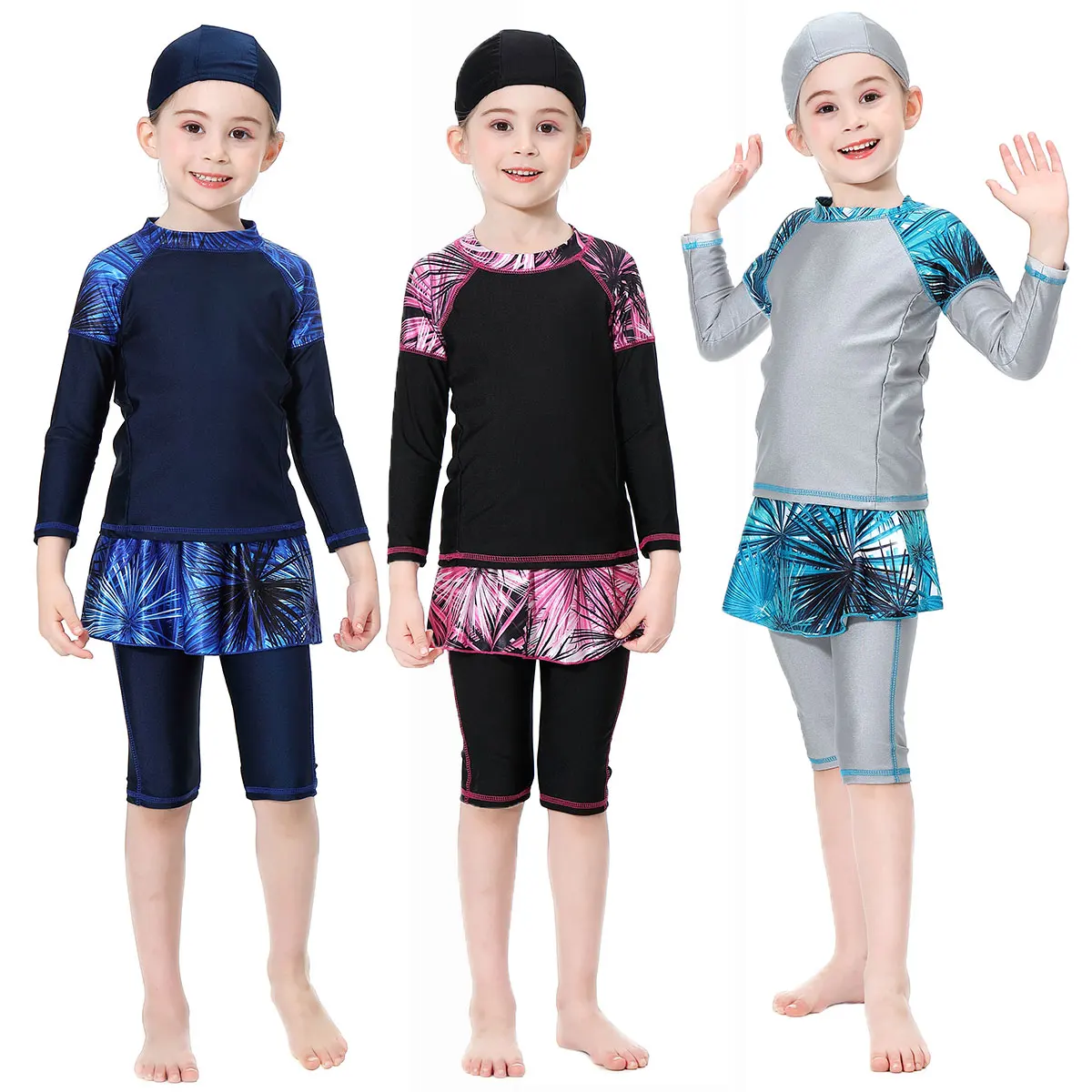

Muslim Girls Swimwear Burkini for Children 2-16Y 3pcs/set Color Patchwork Leaves Printing Capri Pants With Skirt Quick Dry