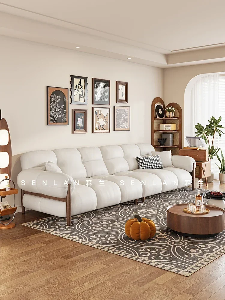 Leather sofa living room  apartment modern simple layer cowhide Italian minimalist home straight row three-person combination