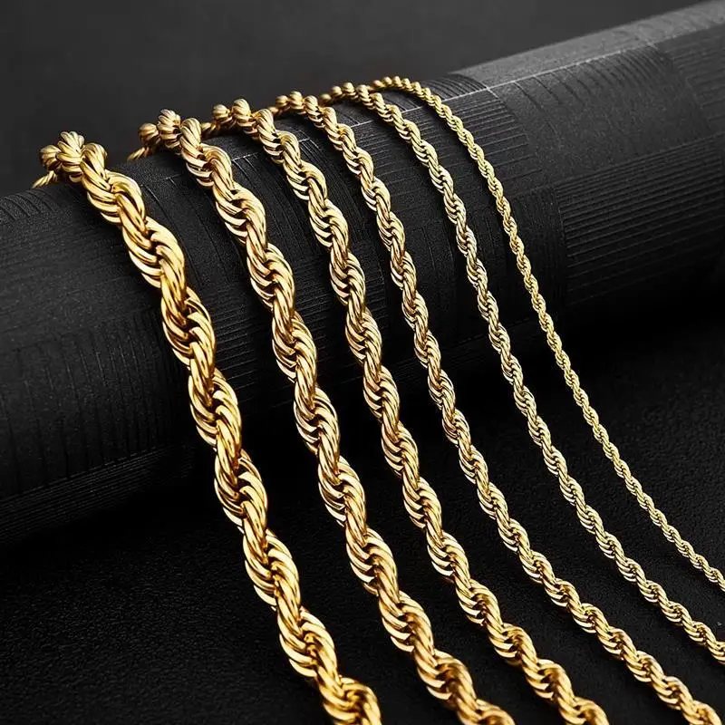 Ruixi Classic Non-discoloration Waterproof 18k Gold Plated 2.5mm 5mm 8mm Twisted Thick Rope Chain Men and Women Necklace Gift