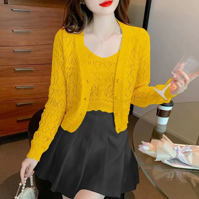 

Women's Spring Autumn Square Collar Pullover Solid Hollow Out Button Long Sleeve Cardigan Sweater Knitted Office Lady Tops