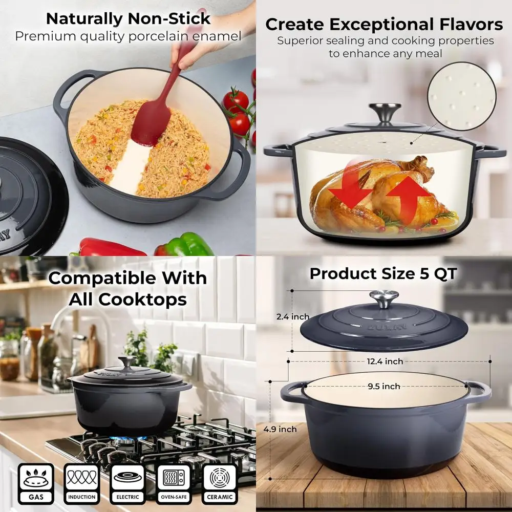 

Enameled Cast Iron Dutch Oven Pot with Lid - Oven Safe Up to 500°F, Ideal for Bread Baking, Stews, Braising, Roasting - Gray