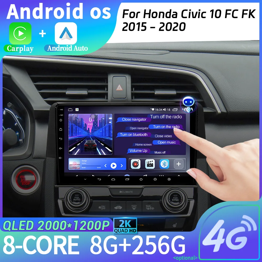 

Wireless Carplay Stereo Screen Car Radio Multimedia Navigation Android 14 For Honda Civic 10 FC FK 2015-2020 Head Unit 2DIN WIFI