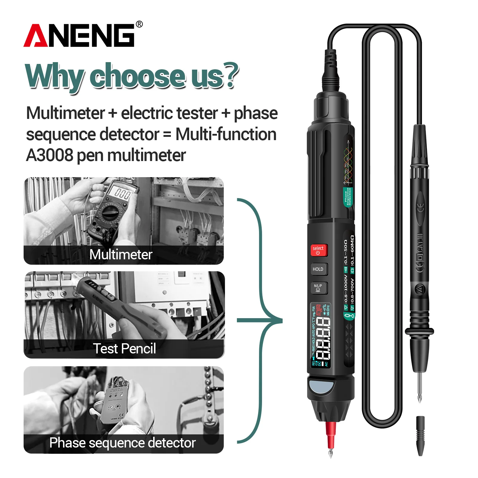 ANENG A3008 Non Contact Voltage Detection High Precision Auto Off Voltage Current Tester Ohm Capacitance Frequency Measurement