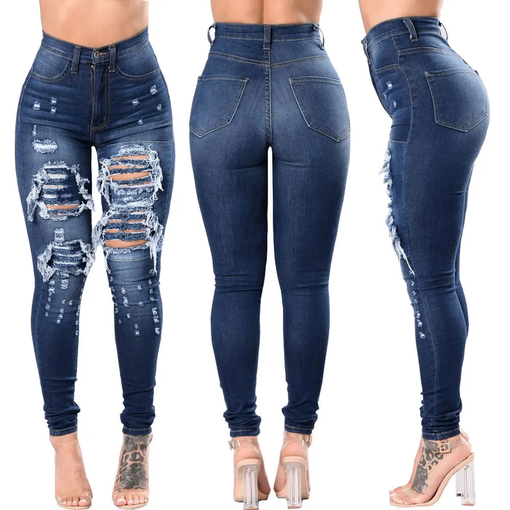 

ONE TO WAN Ripped Skinny High Waisted Pencil Jeans for Women Casual Y2K Streetwear Denim Pants Dark Blue Elastic Jeans Woman