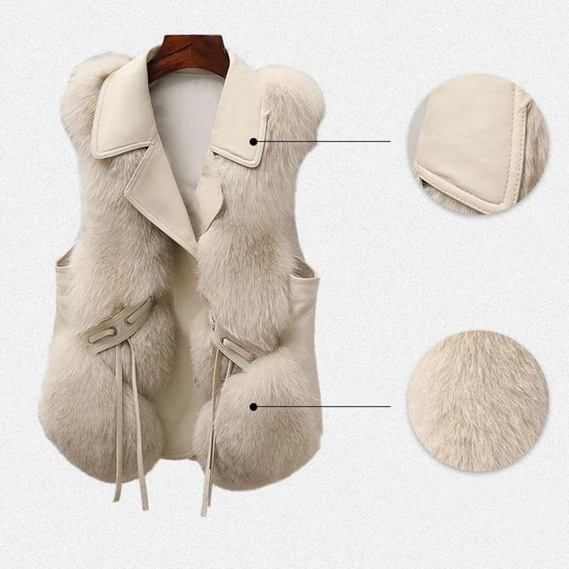 Winter Warm Faux Fur Lapel Sleeveless Jackets Women Single Breasted Cotton Padded Lined Coats Casual Elegant Thicken Abrigos New