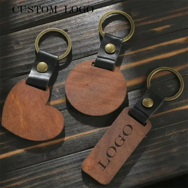 Custom LOGO Name Creative Engraving Wood DIY Keychain Spade Man Woman Key Chain Ring Pendant Metal Car Moto Keyring Leather Gift