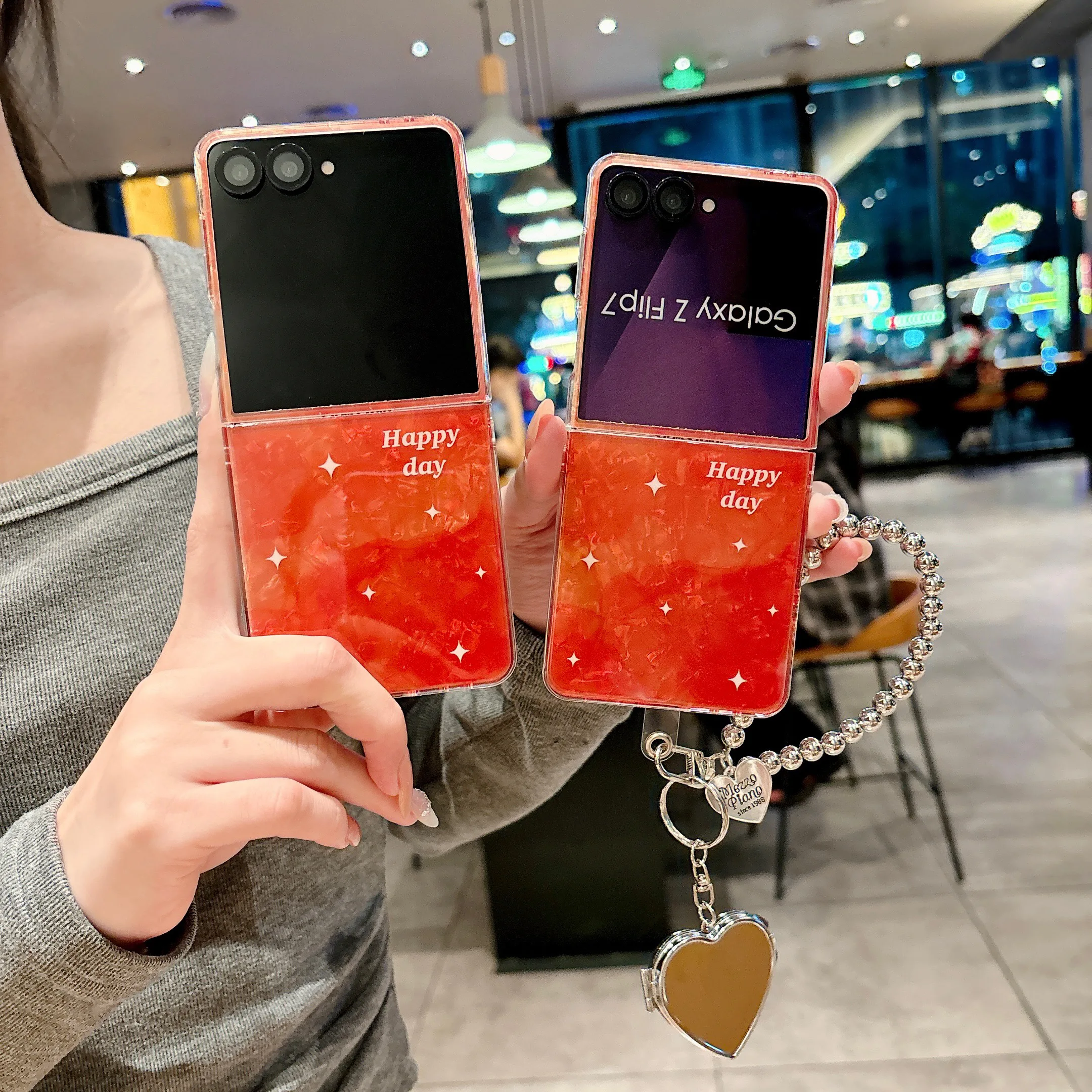

Back Cover For Samsung Galaxy Z Flip 7 6 Case IMD Shell Orange Star Mirror Wristband Bracelet Chain Shockproof Phone Case