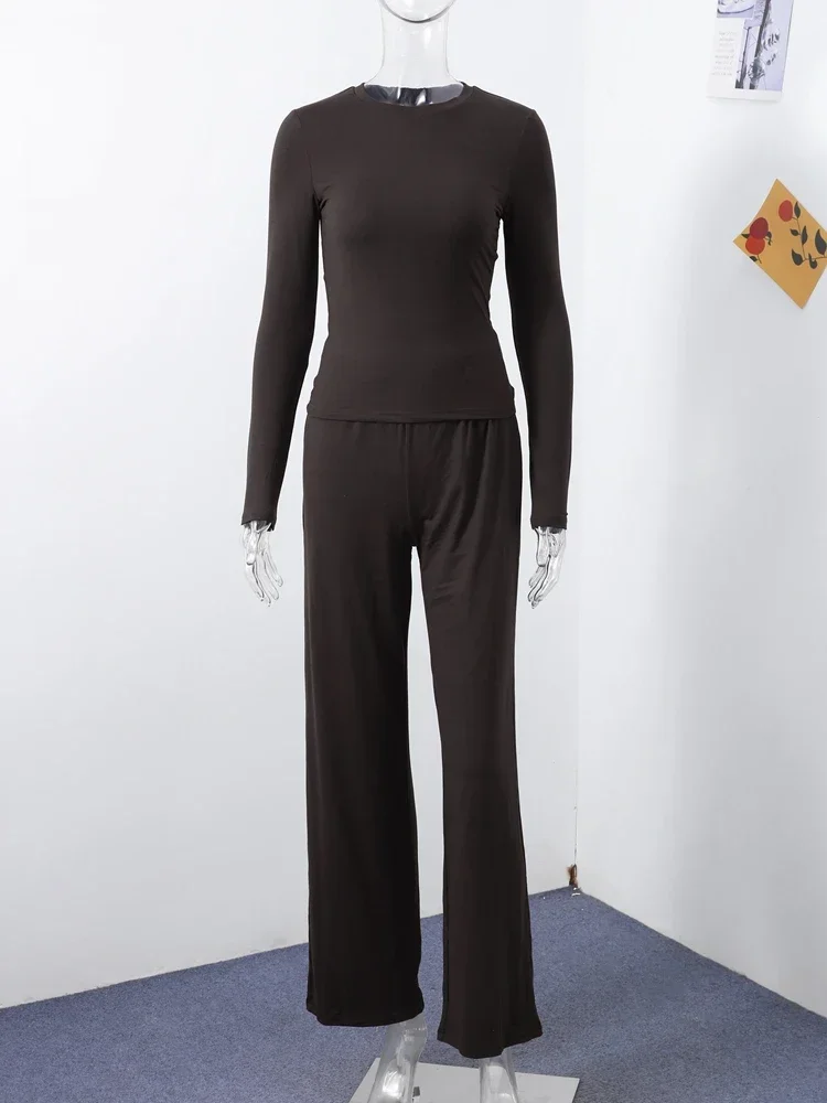 Mulheres calças superiores terno 2 peça define sólido o-pescoço camisas de manga longa calças de cintura elástica roupas femininas 2025 nova senhora agasalho