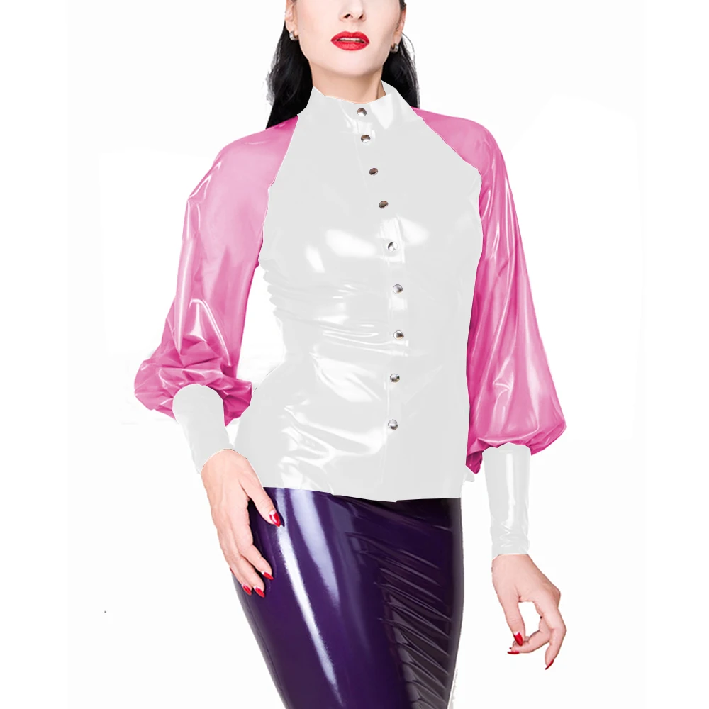 Women's Sexy Clear PVC Long Lantern Sleeve Blouse,Button Stand Neck,Elegant Female Shirt, Patchwork, Vintage Ladies Top,Fashion