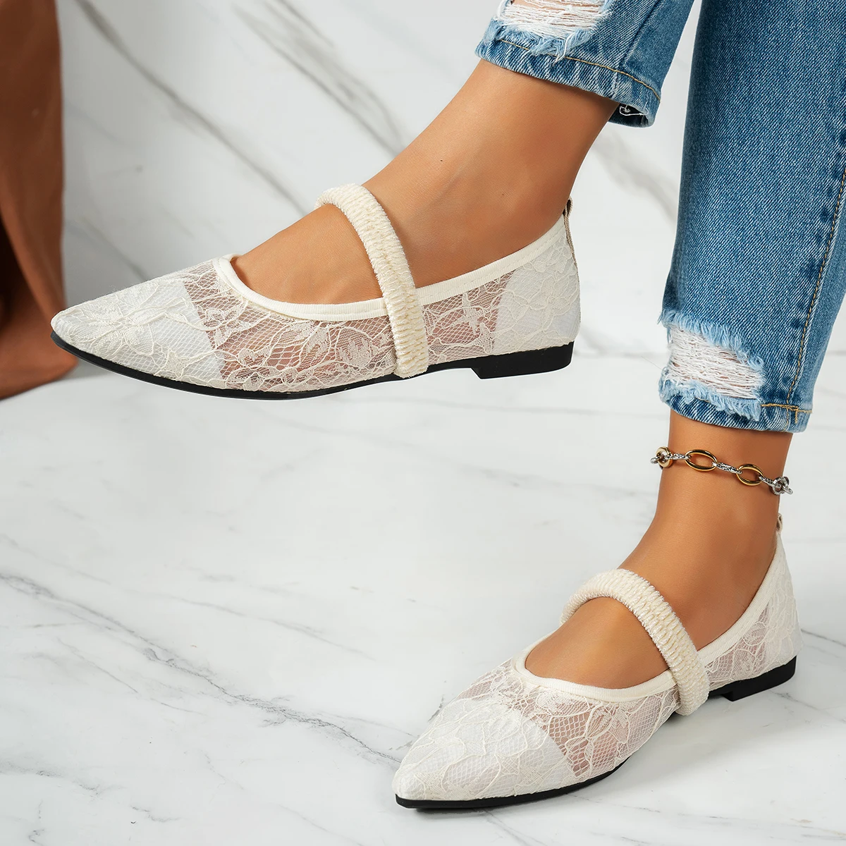 フレンチポインテッドトゥレースメリージェーンシューズ、レディースフラットスリッポンローカットシングルシューズ、春のエレガントな新スタイル
