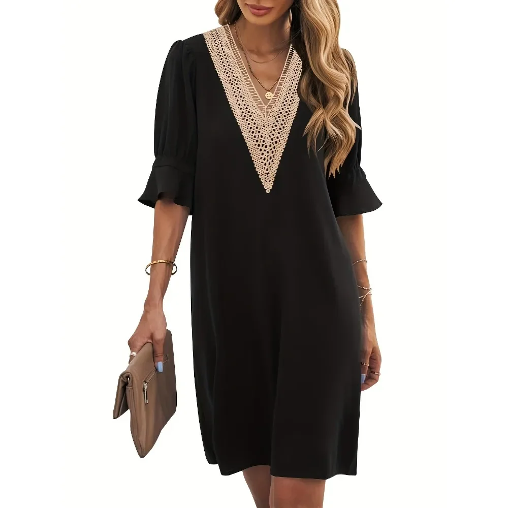 플러스 사이즈 1XL-5XL 여성 패션 반팔 드레스 여성용 솔리드 컬러 브이넥 컷아웃 드레스 드레스