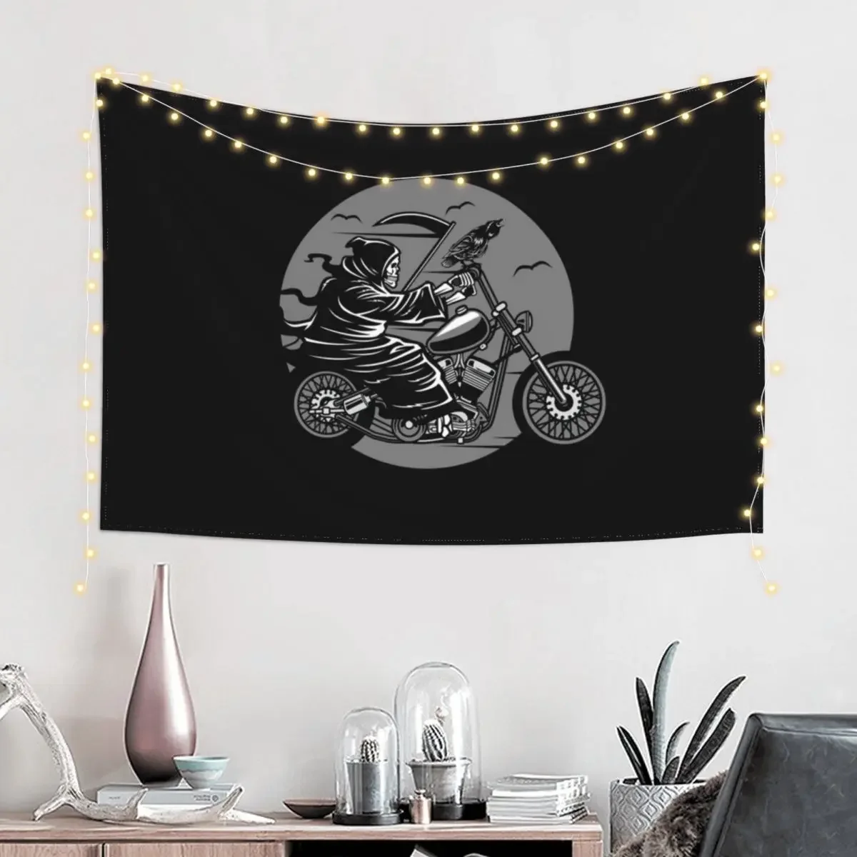 Grim Reaper on Bike /Death Skull Biker Skeleton Scythe Halloween Rider Horror Gift Idea Tapestry Wall Decor Hanging Tapestry