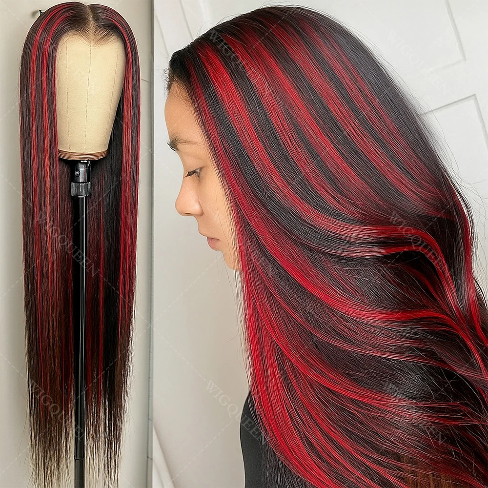 

Модернизированные 1B/99J No Silk Highlight Парики 5x5 Кружевные Фронтальные Парики 30 Дюймов Ombre Черный С Красной Костью Прямые Бесклеевые Парики Человеческие Волосы