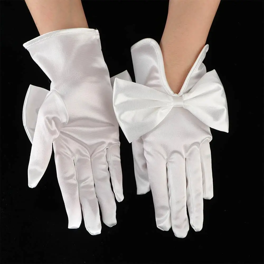 Sweet Bow Short Full Fingers Gloves Elegant White Ivory Satin Bridal Wedding Gloves for Women Party Dancing Accessories