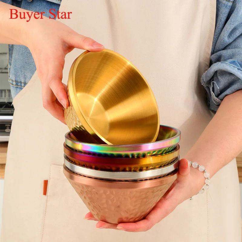 1/2PCS Creative Stainless Steel Salad Ramen Noodles Bowl Korean Tableware Soup Fruit Golden Bowls Double Layer Kitchen Utensils