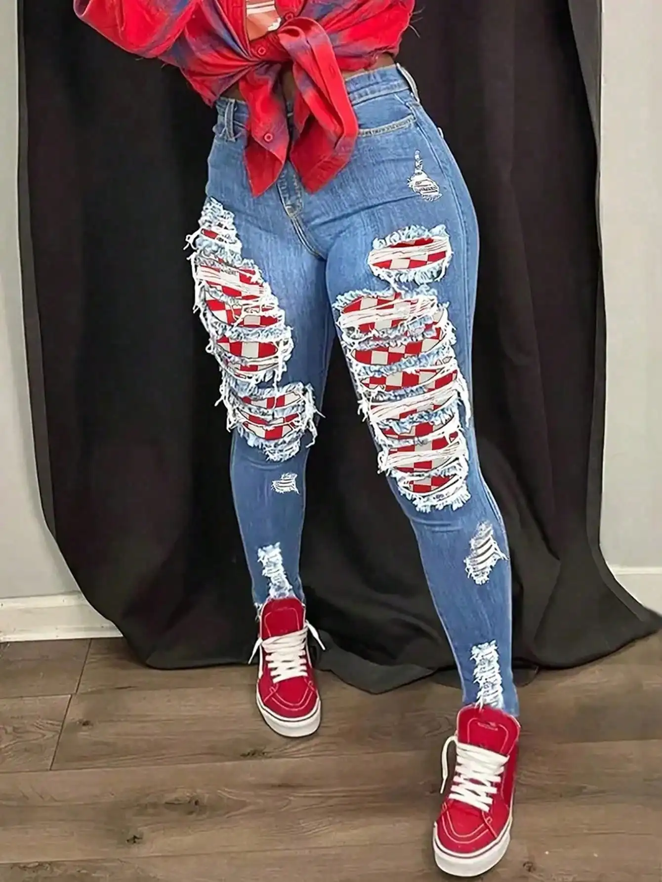 

Women's High Waist Distressed Patched Skinny Jeans with Red Checkered Design, Stretchy Casual Denim Pants