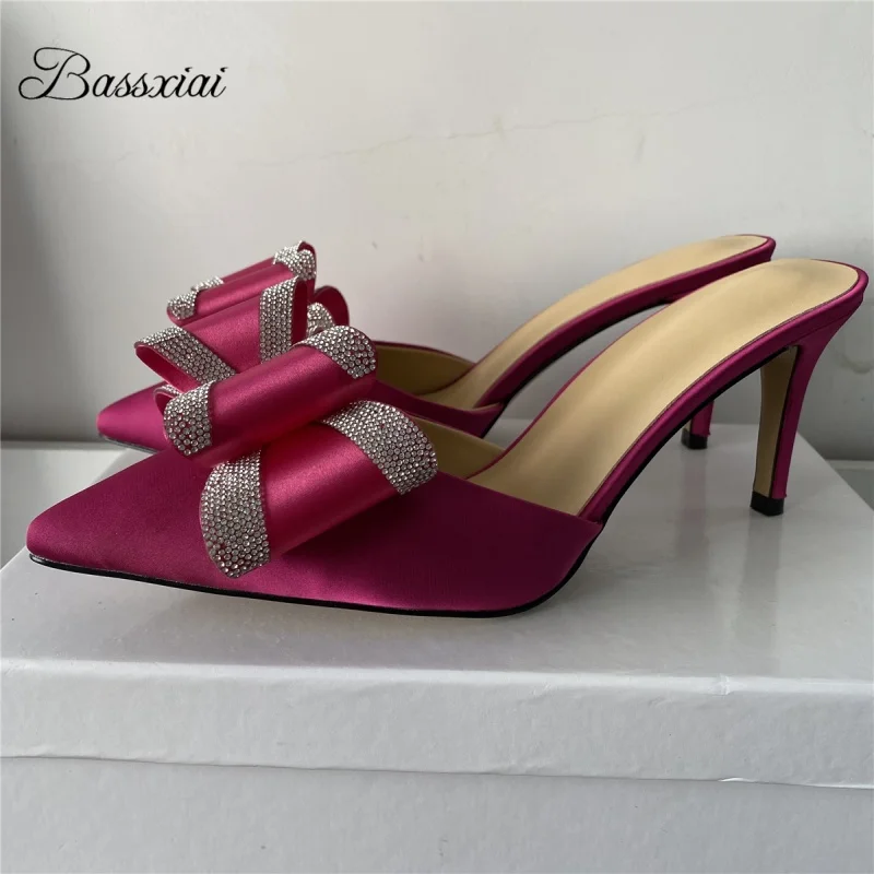 

Quality Crystal Jeweled Butterfly-Knot Sandals Women 8cm Thin High Heel Luxury Satin Slingbacks Pointed Toe Mules Summer