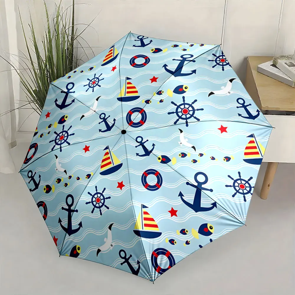 1PC Nautical-Themed Umbrella with Anchors and Sailboats Print 8 Iron Ribs Folding Umbrella Auto-Open Fashion Sunshade