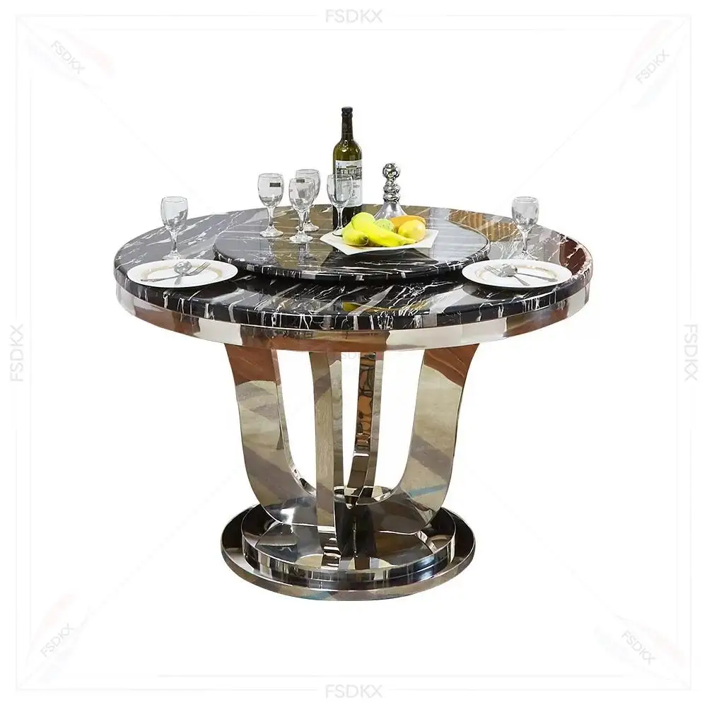 FSDKX Modern Stainless Steel Metal Base Round Cake Table Latest Wedding Event Dining Furniture Marble Top for Hotels